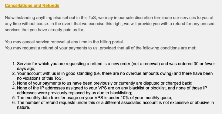 搬瓦工服务条款英文页 Cancellations and Refunds 一节,写有须同时满足以下条件的那句话和编号 1 到 6 的六条退款条件