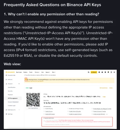 币安帮助中心英文页 Frequently Asked Questions on Binance API Keys 的第 1 问 Why can't I enable any permission other than reading 及其整段回答,回答下方是官方配的网页端 API Management 示意图,图中密钥位置为模糊显示