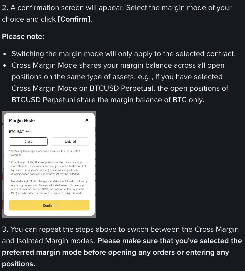 Binance help center steps for switching margin mode, showing the Margin Mode pop-up for the BTCUSDT perpetual with Cross and Isolated buttons, a short note on each mode and a yellow Confirm button