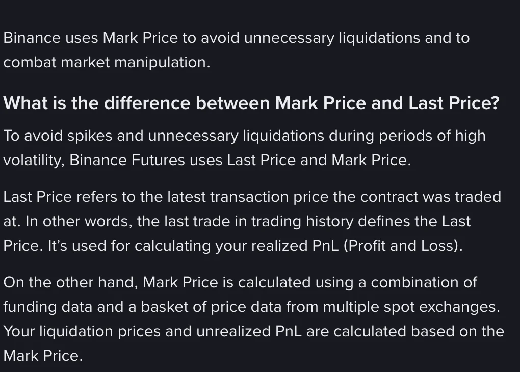 Binance help center section on mark price versus last price: last price is the latest contract trade price used for realized PnL, while liquidation prices and unrealized PnL are calculated from the mark price