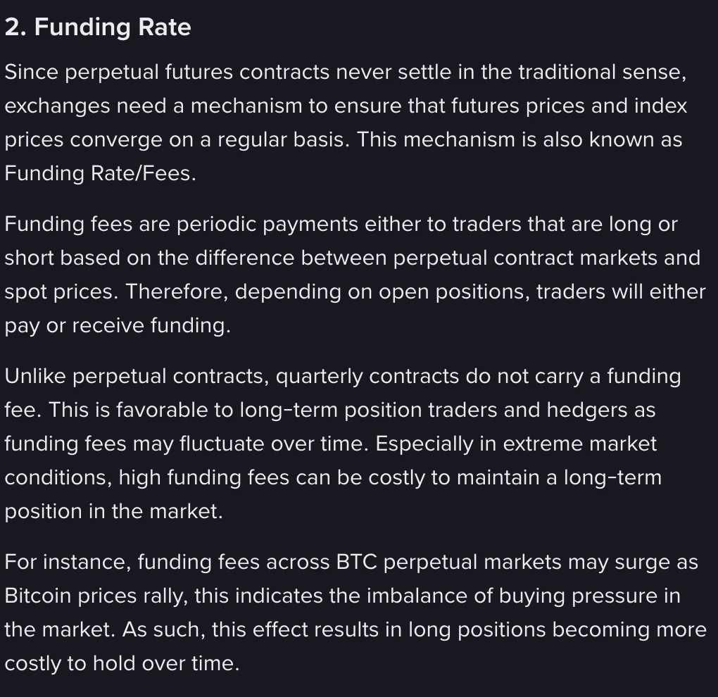 Binance help center Funding Rate section: perpetual futures never settle, so funding fees keep futures and index prices converging, while quarterly contracts carry no funding fee, which favours long-term holders and hedgers