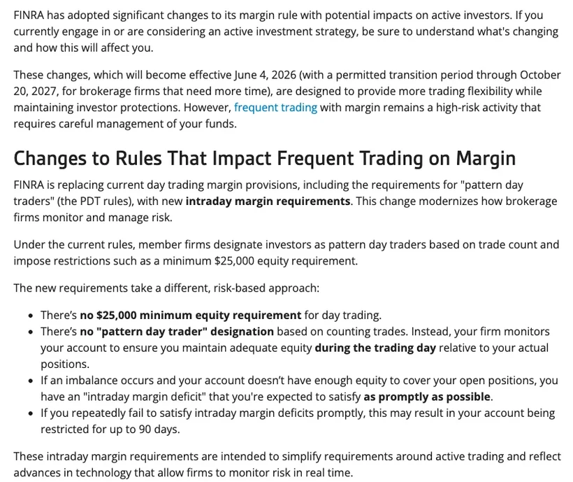FINRA 官网 Understanding the New Intraday Margin Requirements 说明页开头,两段英文导语之后是小标题 Changes to Rules That Impact Frequent Trading on Margin 和四条要点列表