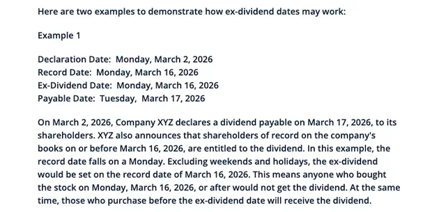 美国证监会投资者教育网站 Investor.gov 的 Ex-Dividend Dates 词条截图,Example 1 列出宣布日 3 月 2 日、登记日与除息日同为 2026 年 3 月 16 日周一、派付日 3 月 17 日
