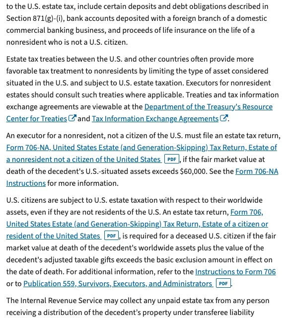 美国国税局英文页 Some nonresidents with U.S. assets must file estate tax returns 的正文,其中一段说明非美国公民的非居民去世时美国境内资产公允市价超过 60,000 美元,遗产执行人须申报 Form 706-NA