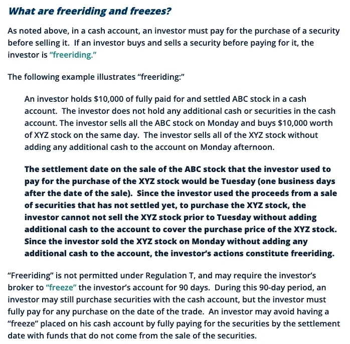 Investor.gov 上 SEC 投资者公告 Trading in Cash Accounts 的 What are freeriding and freezes? 一节英文原文:freeriding 的定义,周一卖出 ABC、当天买入又卖出 XYZ 的例子,交收日是周二的说明,以及冻结 90 天期间买入须在成交当天付清全款的一段