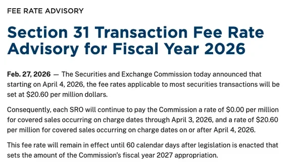 SEC 官网 Section 31 Transaction Fee Rate Advisory for Fiscal Year 2026 公告页面,大标题下方是三段英文正文,首段以 Feb. 27, 2026 开头