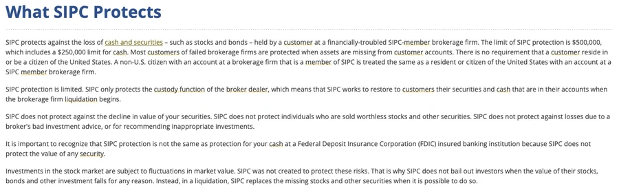 SIPC 官网 What SIPC Protects 页面开头的英文正文,第一段写有 $500,000 的保护上限和 $250,000 的现金上限,后面几段讲 SIPC 只保护券商的托管职能、不保证券跌价