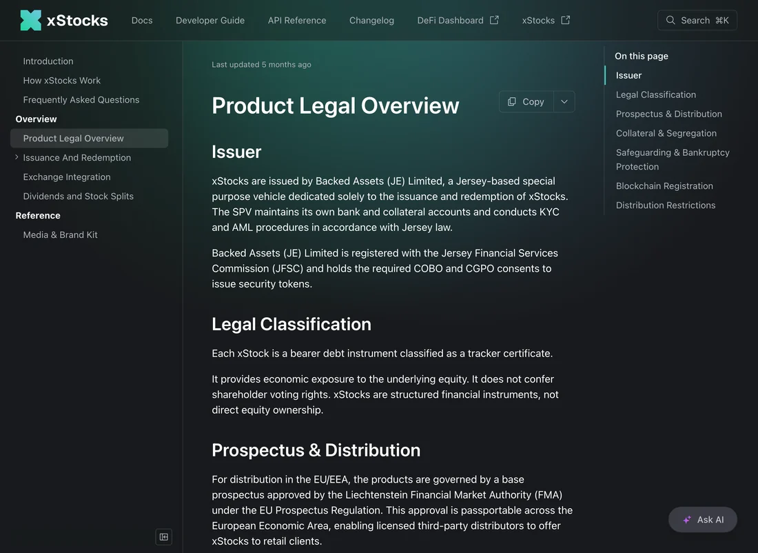 xStocks 官方文档 Product Legal Overview 页面,显示法律分类一节
